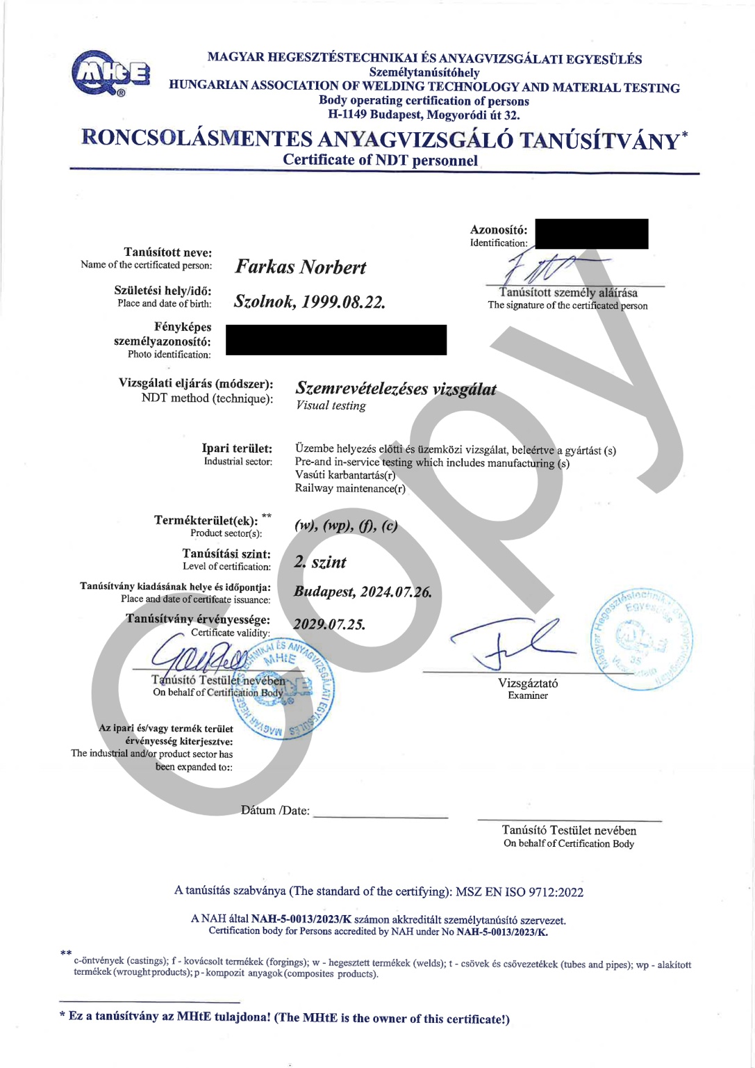 VT Level 2 certificate