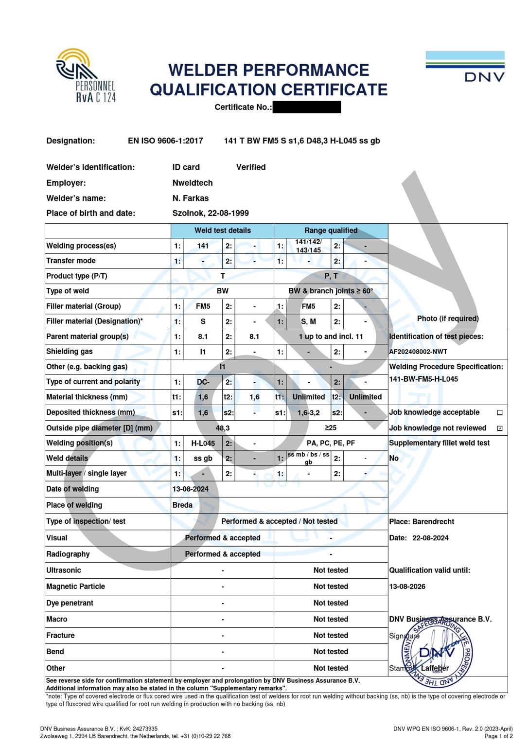 DNV welder performance qualification