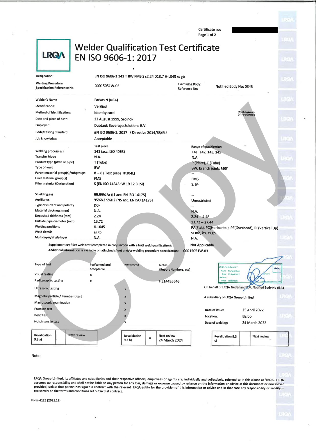ISO 9606-1 small tube qualification